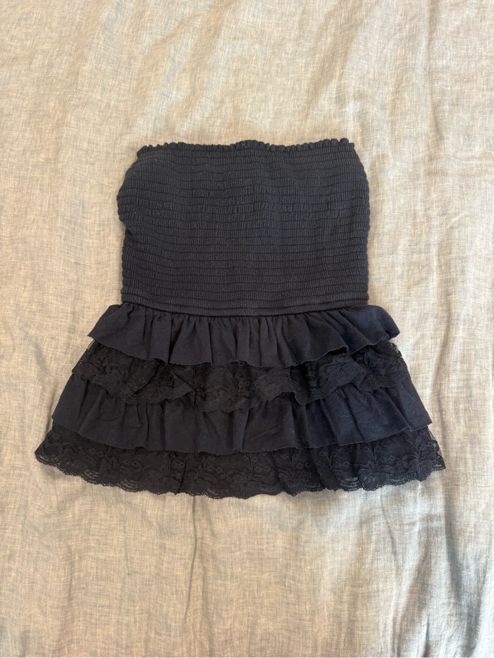 Retro Girls Black Strapless Ruffle Lace Dress